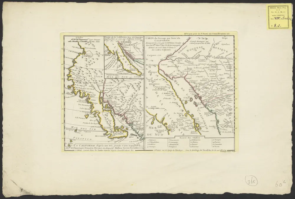 Carte du passage pour terre à la Californie, découvert en 1701 par le R. P. Kino Jésuite avec les nlles. missions des P.P. de la Compagnie donnée en 1705 dans le tome 5 des Lettres édifiantes