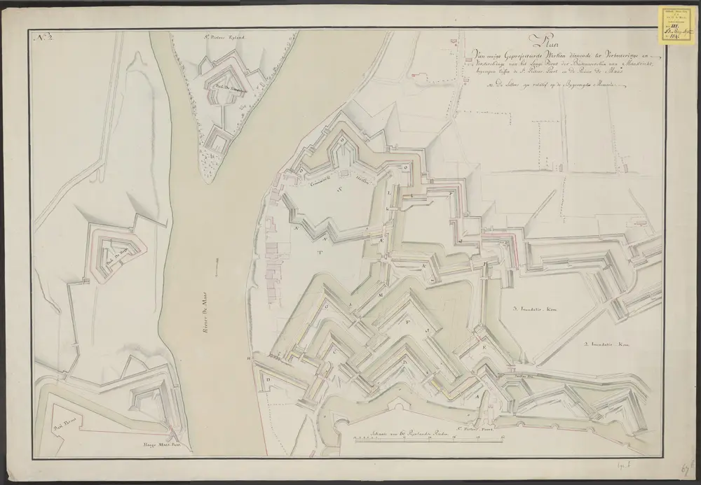 Plan van eenige geprojecteerde werken dienende ter verbeeteringe en versterckinge van het laage front der buitenwercken van Maastricht, begreepen tussen de St. Pieters poort en de rivier de Maas