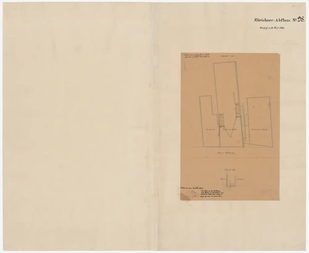 Zürich: Oberer Mühlesteg, Pfeiler im Flussbett für die Mühle Wehrli; Situationsplan, Grundriss und Schnitte (Zürichsee-Abflüsse Nr. 98)