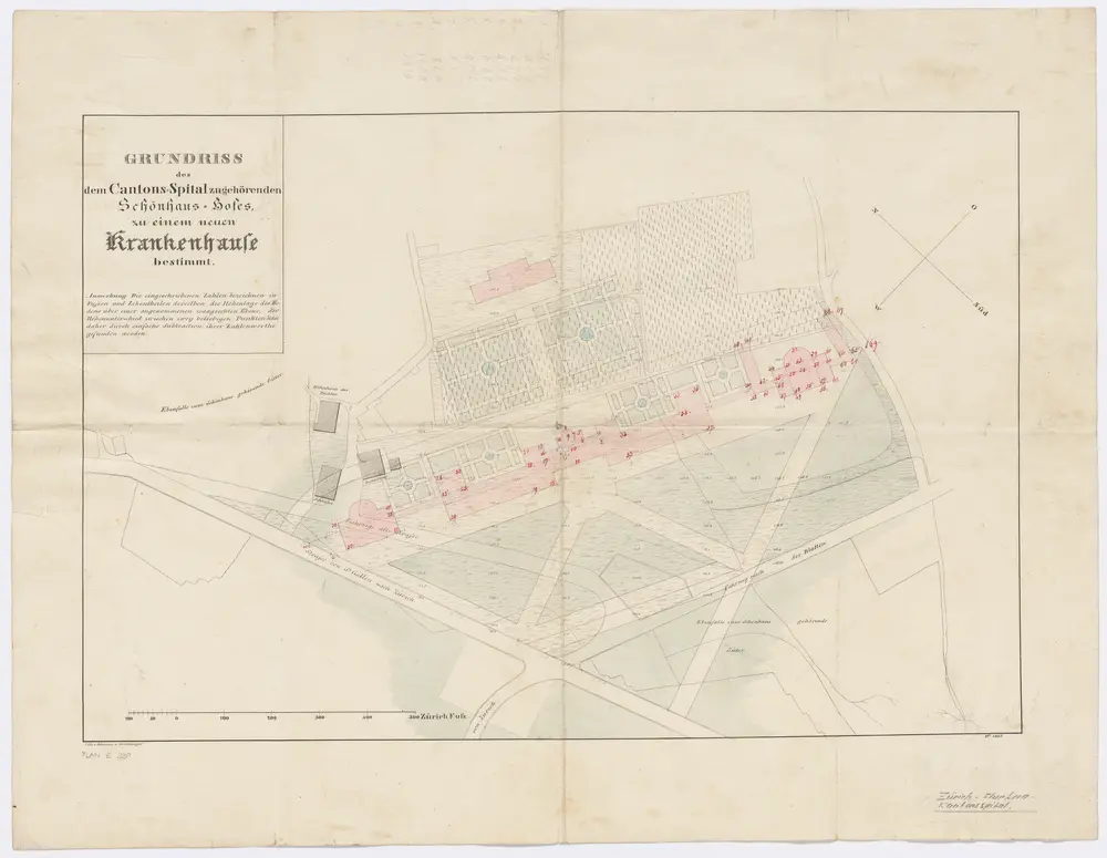 Fluntern: Zum Kantonsspital Zürich gehörender Schönhaus-Hof, mit projektiertem Krankenhaus; Grundriss
