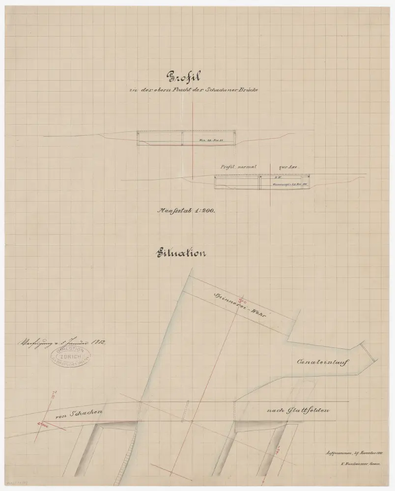 Glattfelden: Schachener Brücke über die Glatt; Situationsplan und Profil