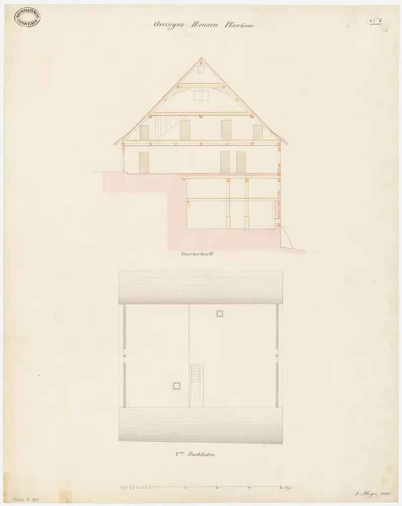 Ossingen: Pfarrhaus; Querschnitt und Grundriss des oberen Dachgeschosses (Nr. 6)