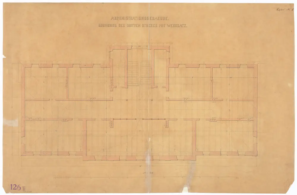Irrenanstalt Burghölzli: Administrationsgebäude, 3. Stock; Grundriss mit Werksatz