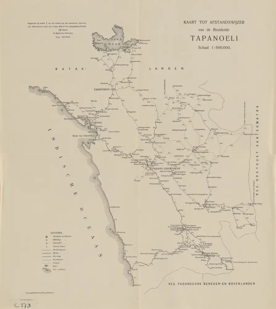 Kaart tot afstandswijzer van de Residentie Tapanoeli / Topographische Inrichting