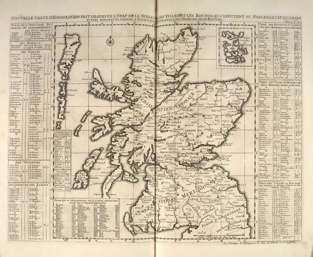 Nouvelle Carte d'Ecosse, où l'on fait observer l'Etat de la Noblesse : les Villes, et les Bourgs qui deputent au Parlement, et Diverses autres remarques propres à Conduire à l'Inteligence de l'Histoir