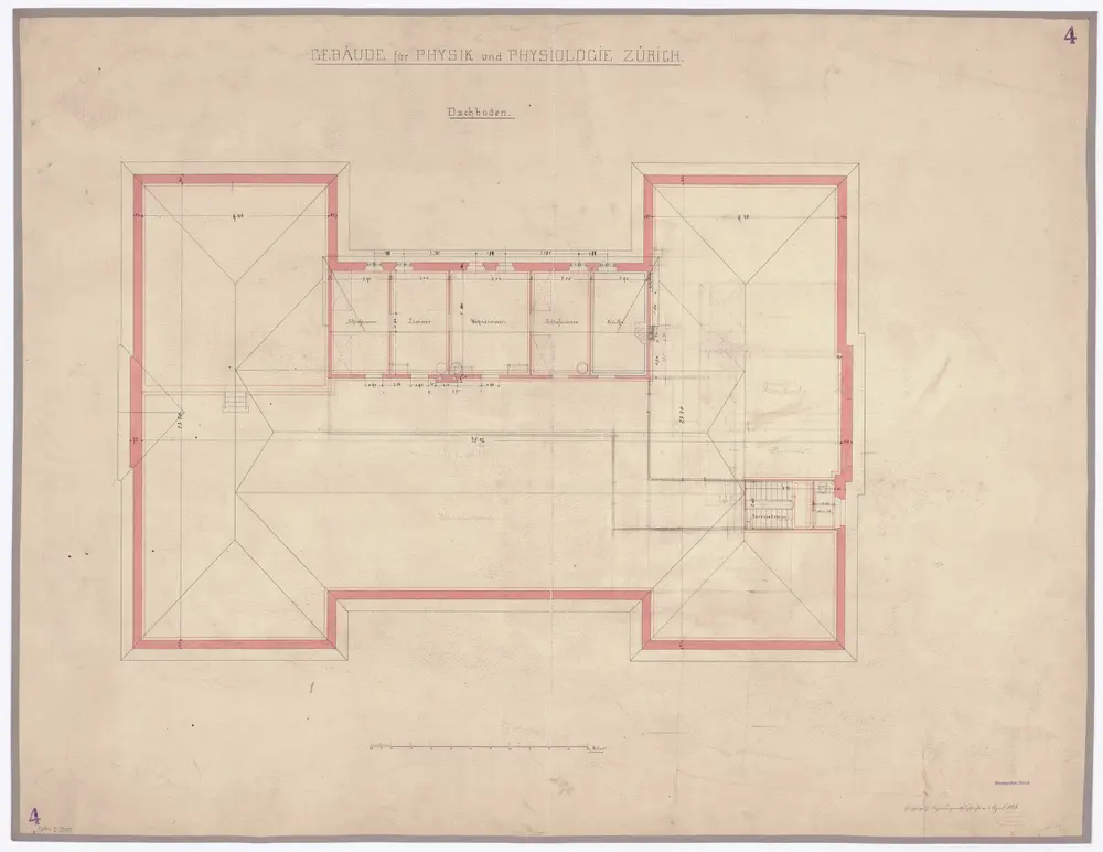 Eidgenössisches Polytechnikum, Physikgebäude, Gloriastrasse 35: Dachboden mit Wohnung; Grundriss