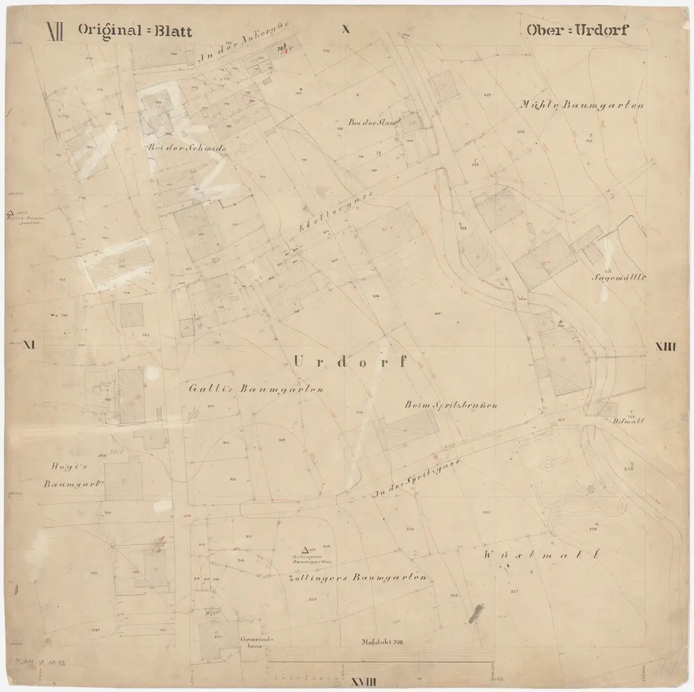 Oberurdorf: Gemeinde; Katasterpläne: Blatt XII: In der Ankergass, Bei der Stampf, Mühle Baumgarten, Klettergasse, Bei der Schmiede, Gallis Baumgarten, Hegis Baumgarten, Beim Spritzbrunnen, In der Spritzgasse, Sagemättli, Hofmatt, Zollingers Baumgarten und Wüstmatt; Situationsplan