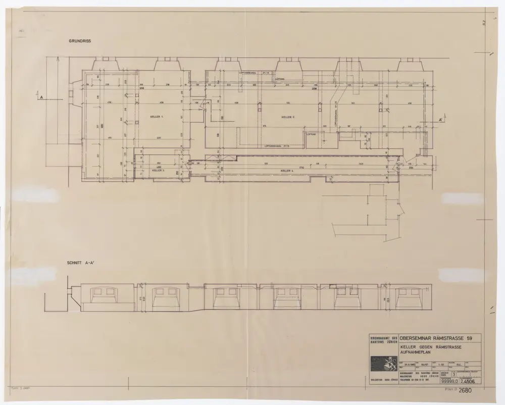 Realgymnasium, Rämistrasse 59: Keller gegen die Rämistrasse; Grundriss und Schnitt A-A