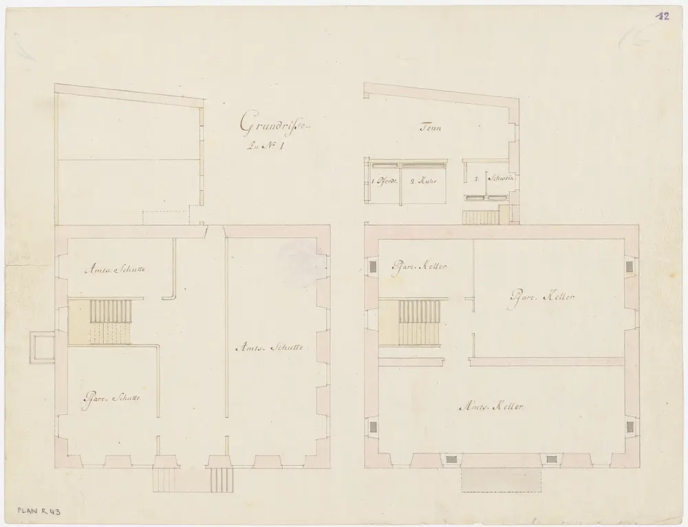 Andelfingen: Pfarrhaus, projektierter Um- bzw. Neubau, Keller und 1. Stock (Variante 1); Grundrisse (Nr. 12)