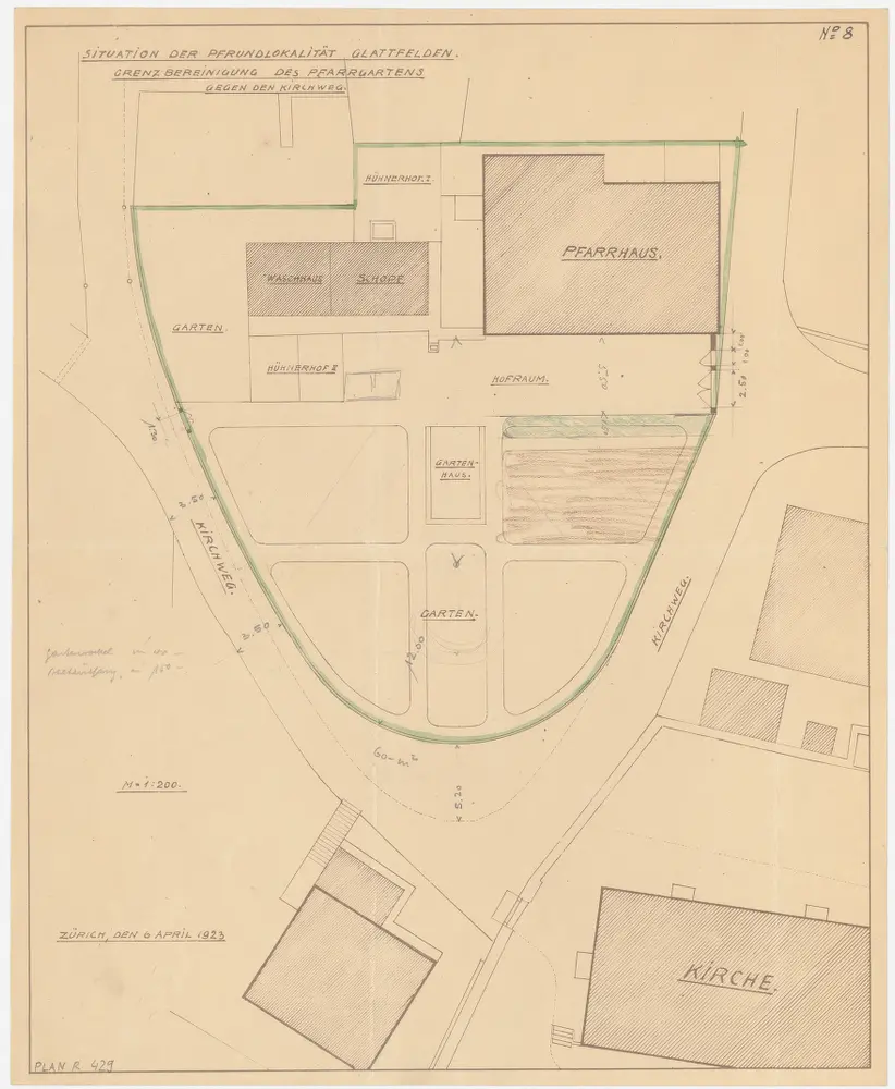 Glattfelden: Pfrundlokalität mit Kirche und Pfarrhaus, Grenzbereinigung des Pfarrgartens gegen den Kirchweg; Grundriss (Nr. 8)