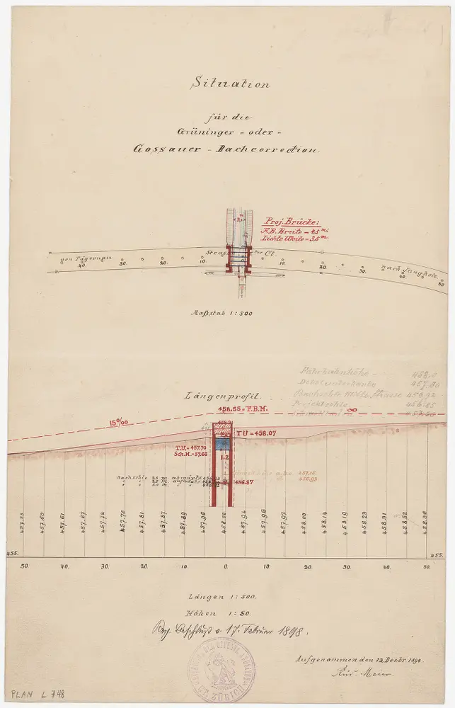 Gossau: Brücke zwischen Tägernau und Jungholz, Aakorrektion (Gossauerbach oder Grüningerbach); Situationsplan und Längsprofil