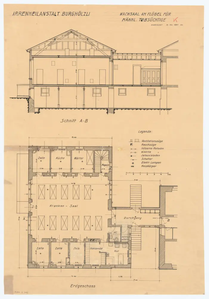 Irrenheilanstalt Burghölzli: Männerabteilung, Wachsaal für Tobsüchtige; Grundriss und Schnitt