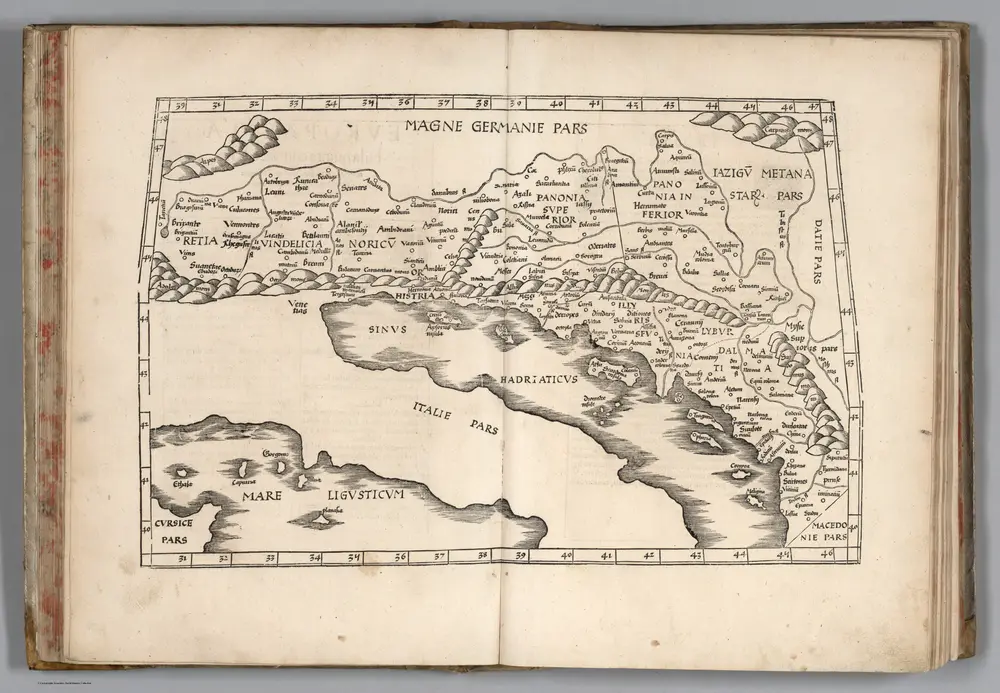 Europae Tabula quinta continet Rhetiam & Vindeliciam, Noricum, Pannoniam