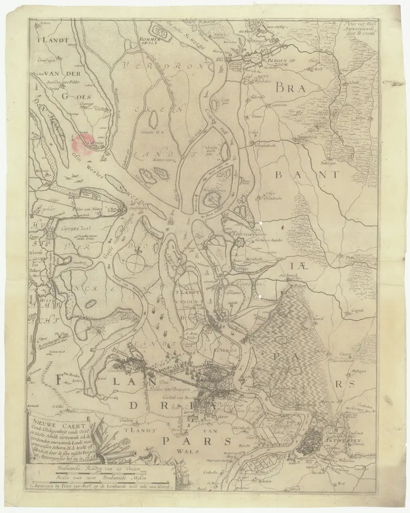 Nieuwe caert vande ghelegentheyt oost en wester Schelde vertoonde ock de verdroncken ouerwaterde lande nieu angevassen schorer, e[e]n kreeke[e] oft killen in e[e]n door selve tussche[e] Bergen en Antwerpen soo het nu is. 1638