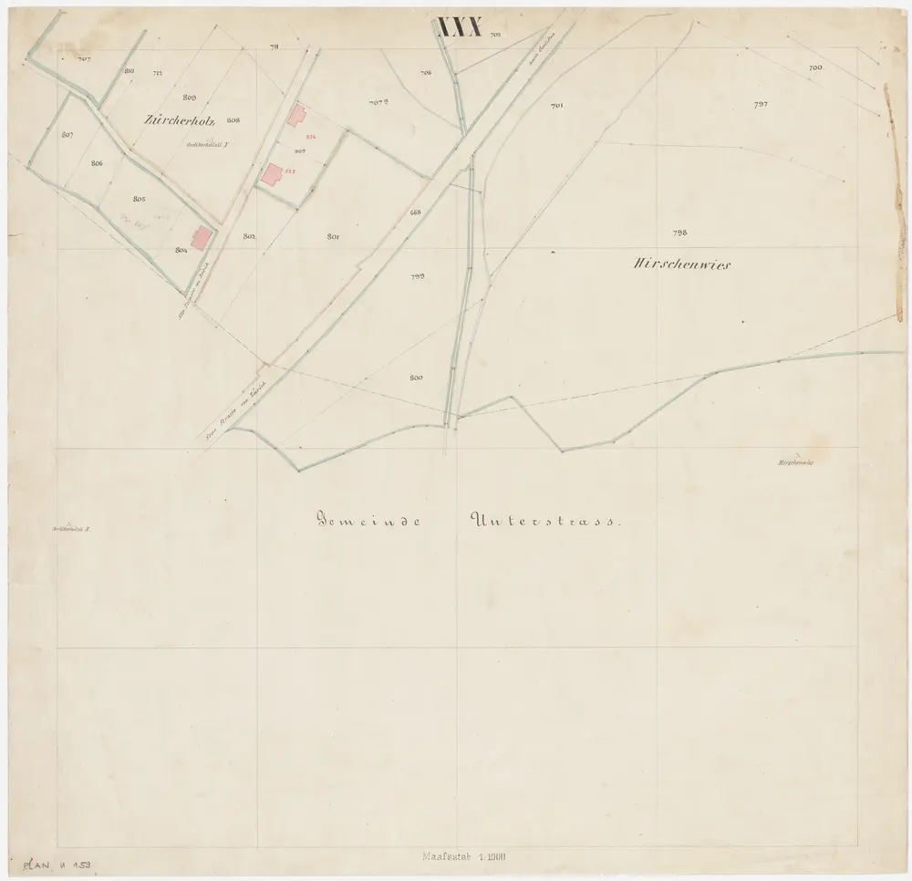 Oerlikon: Gemeinde; Kataster-Ergänzungspläne: Blatt XXX: Zürcherholz und Hirschwies; Situationsplan