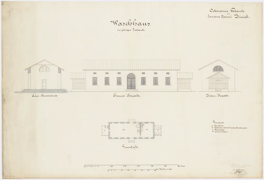 Fluntern: Kantonsspital, Waschhaus; Ansichten und Grundriss