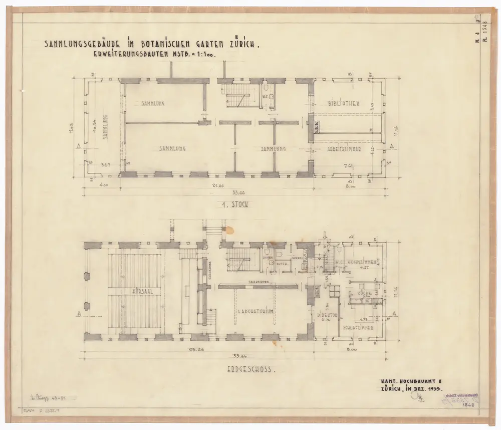 Botanischer Garten: Sammlungsgebäude: Erweiterungsbauten, Erdgeschoss und 1. Stock; Grundrisse