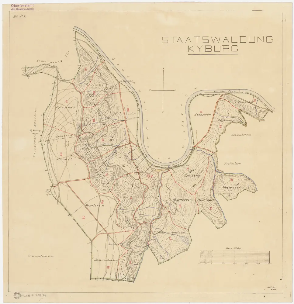 Kyburg, Töss, Illnau-Effretikon (damals Illnau), Schlatt: Staatswaldung: Kyburg, Töss, Illnau-Effretikon (damals Illnau): Tössacher, Stoffelweg, Sennschür, Espiberg, Weidtobel, Mülitobel (Müllitobel), Ahornboden, Zimmermannstobel, Bännenboden (Bennenboden), Chämleten (Kemleten), Homel, Leisacher, Bannhalden; Grundriss (Blatt 2)