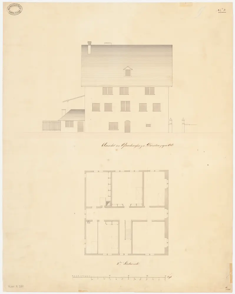 Dürnten: Pfarrhaus; Ostansicht und Grundriss des 2. Stocks (Nr. 3)