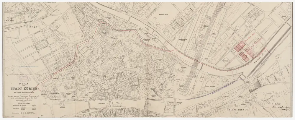 Enge, Zürich, Aussersihl: Zürichsee bis zum Industriequartier, projektierte Verlegung der Fassungsleitung in den Schanzengraben; Situationsplan (Zürichsee-Abfluss Nr. 119)