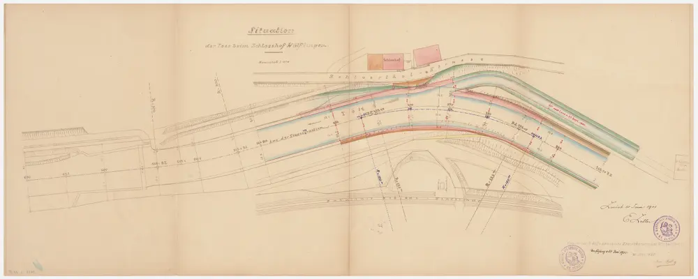 Wülflingen: Töss beim Schlosshof, Verbauung des Uferanbruchs; Situationsplan