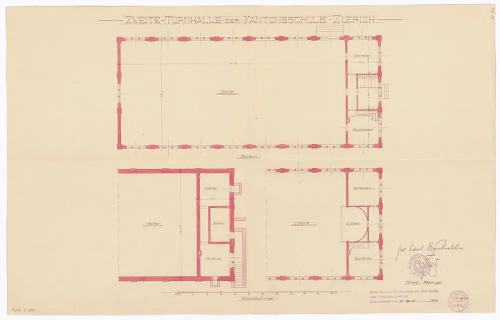 Kantonsschule, zweite Turnhalle, Rämistrasse: Keller, Erdgeschoss und 1. Stock; Grundrisse