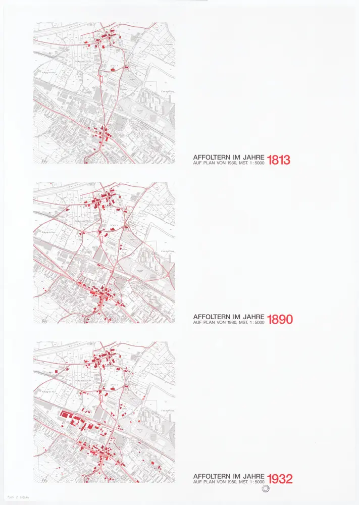 Historische Bauzustände der Zürcher Aussenquartiere in 48 Blättern: Affoltern in den Jahren 1813, 1890 und 1932 auf Plänen von 1980; Übersichtspläne