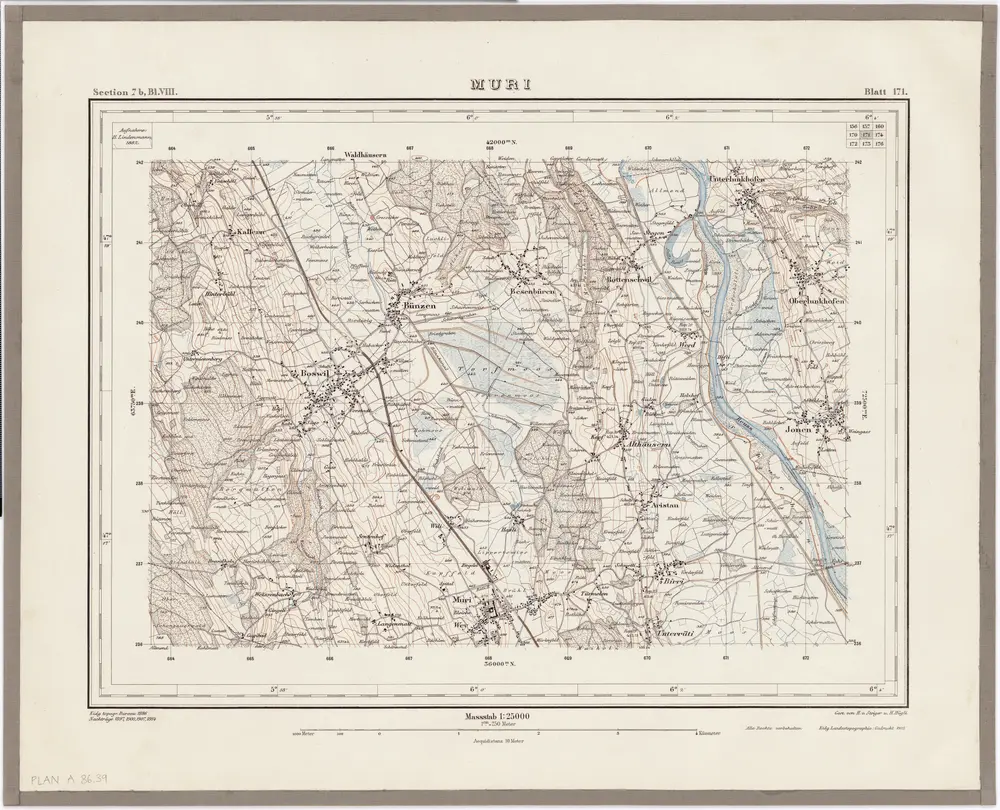 Topographischer Atlas der Schweiz (Siegfried-Karte): Den Kanton Zürich betreffende Blätter: Blatt 171: Muri AG