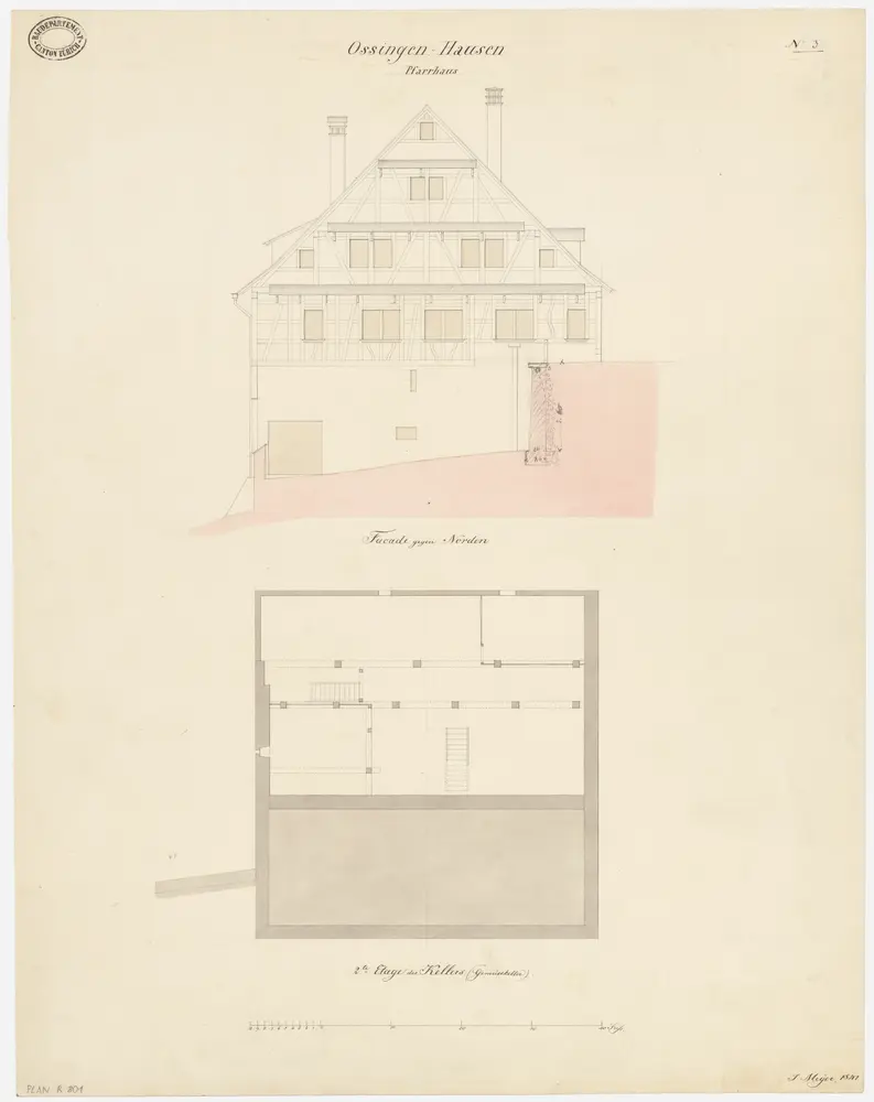 Ossingen: Pfarrhaus; Nordansicht und Grundriss des unteren Kellers (Nr. 3)