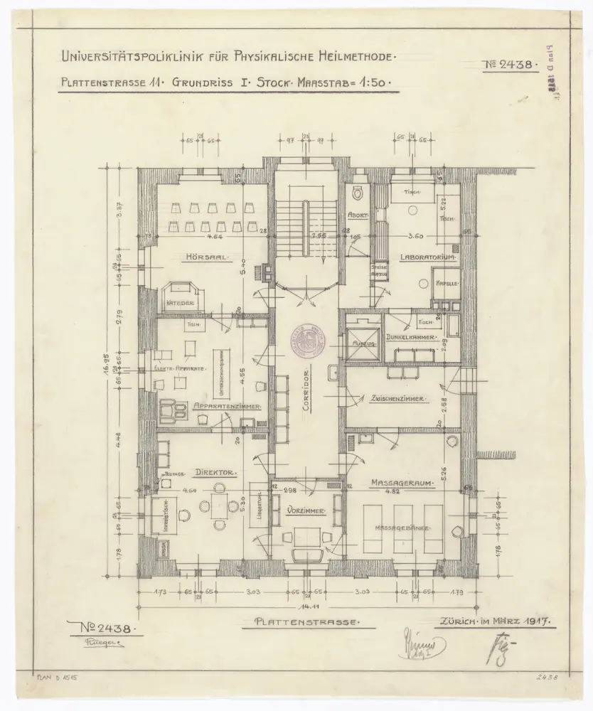 Universitätspoliklinik für physikalische Heilmethoden, Plattenstrasse 11: 1. Stock; Grundriss