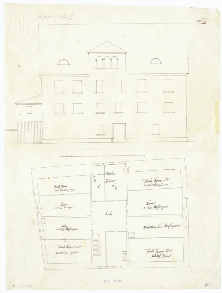 Kappelerhof (ehemals Bezirksgericht): Ansicht und Grundriss (Dachgeschoss) (Nr. 2)