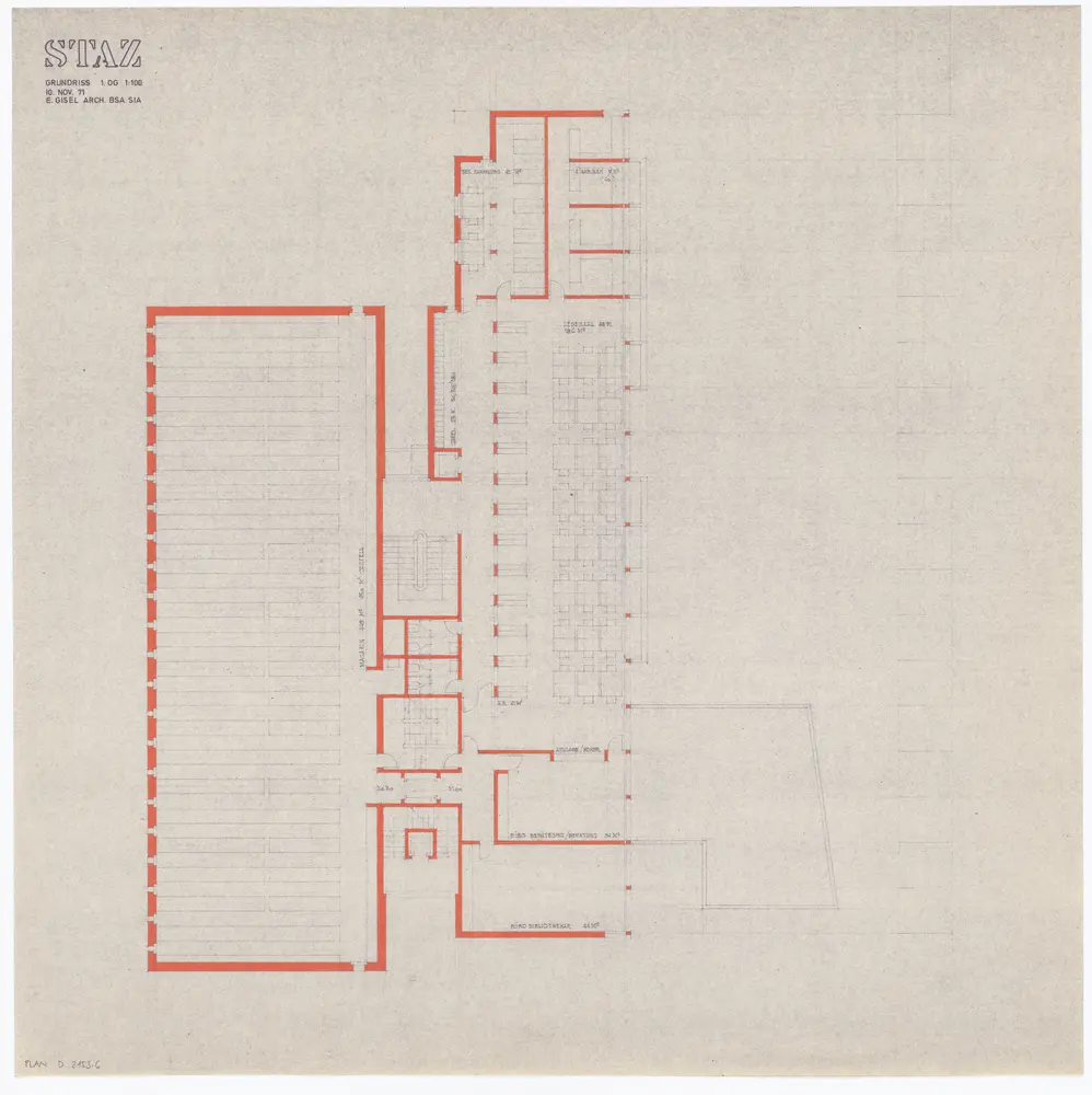 Staatsarchiv des Kantons Zürich, projektierter Neubau zwischen Zeltweg, Wettingerwies und Promenadengasse: Grundrisse und Schnitte: 1. Obergeschoss; Grundriss (Variante)