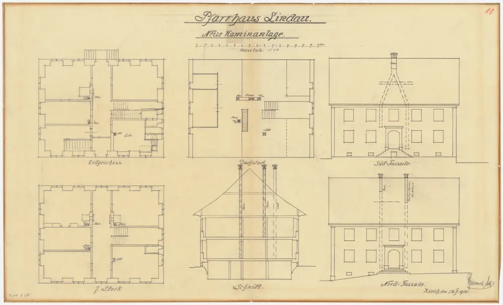 Lindau: Pfarrhaus, neue Kaminanlage; Grundrisse des Erdgeschosses, des 1. Stocks und des Dachgeschosses, Süd- und Nordansichten und Querschnitt (Nr. 10)