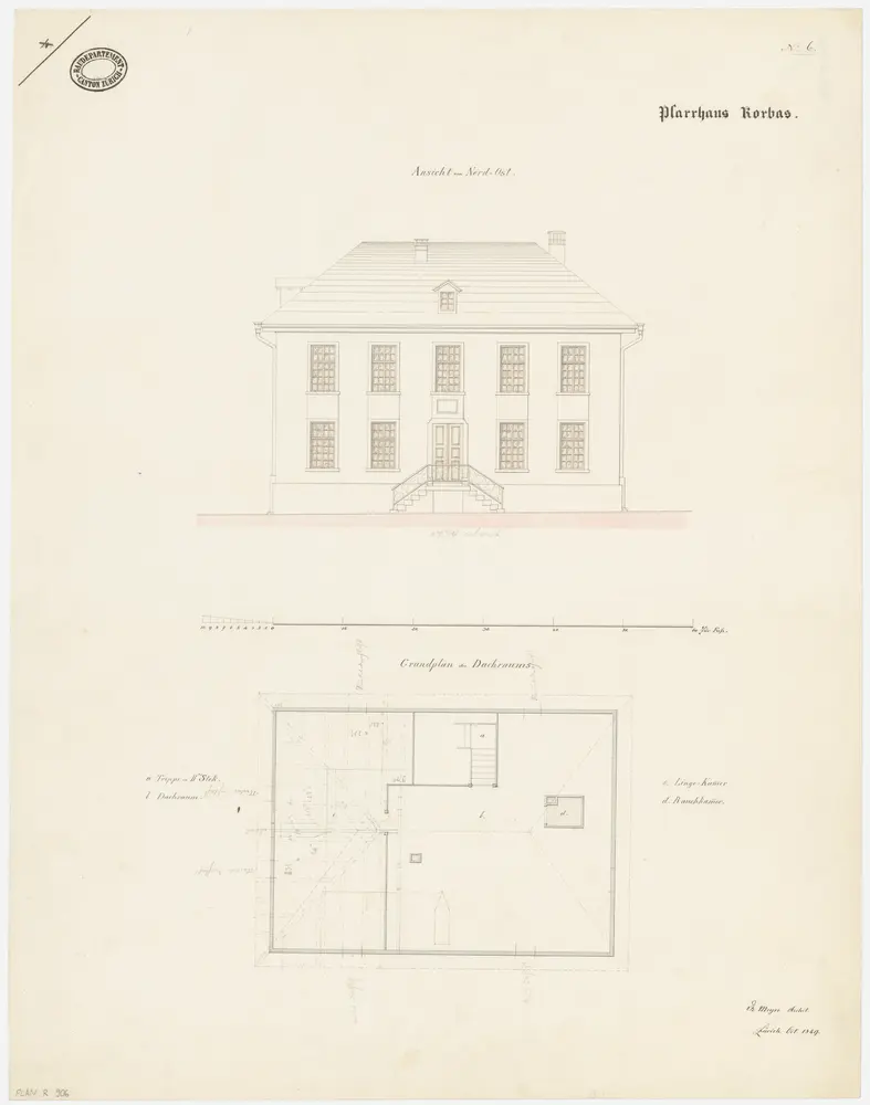 Rorbas: Pfarrhaus; Nordostansicht und Grundriss des Dachgeschosses (Nr. 6)