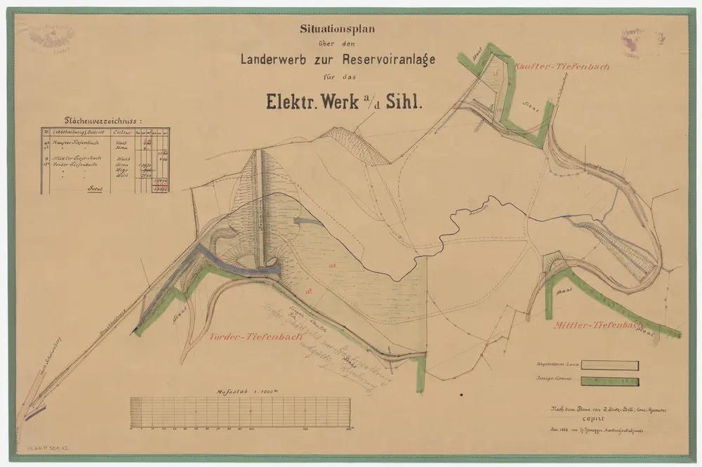 Schönenberg, Richterswil, Wädenswil: Staatswaldungen: Schönenberg: In den Waldungen Vorder Teufenbach, Mittler Teufenbach, Kaufter Teufenbach abgetretenes Land für die Reservoiranlage des Elektrizitätswerks an der Sihl; Grundriss