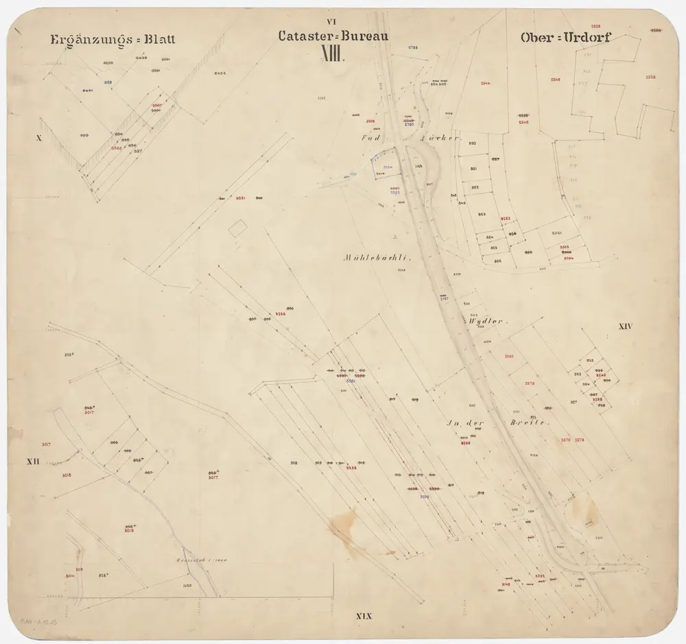Oberurdorf: Gemeinde; Kataster-Ergänzungspläne: Ergänzungsblatt XIII: Fadächer, Mühlebächli, Wydler und In der Breiti; Situationsplan