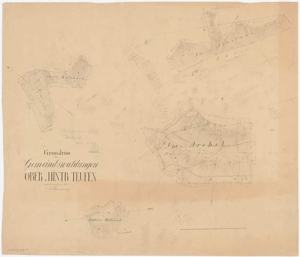 Freienstein-Teufen: Gemeindewaldungen Teufen, Oberteufen, Hinterteufen: Gemeindewaldungen Oberteufen und Hinterteufen mit Niklaushalden (Im Nikolaus), Irchel, Vorderer Rütibuck, Hinterer Rütibuck, Rütenen (Reutenen); Grundrisse