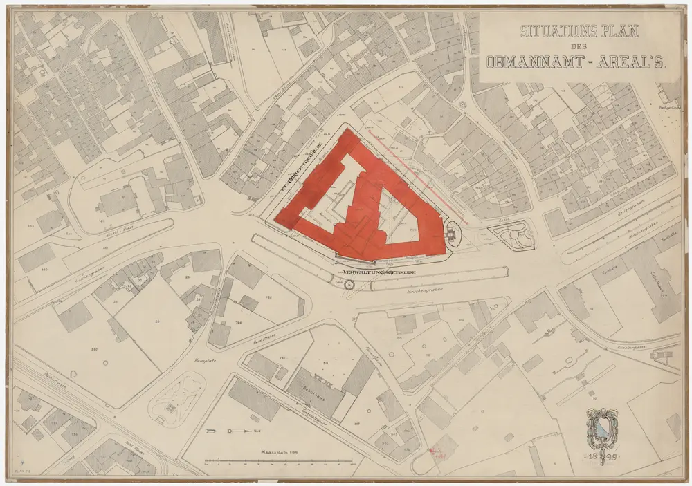 Zürich: Verwaltungs- und Gerichtsgebäude auf dem Obmannamtsareal; Projekt Zürcher Schild 1899; Situationsplan