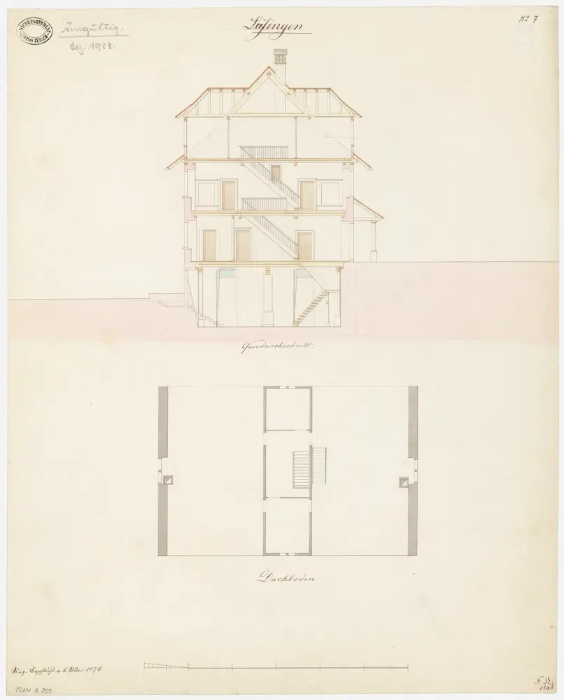 Lufingen: Pfarrhaus; Grundriss des Dachgeschosses und Querschnitt (Nr. 7)