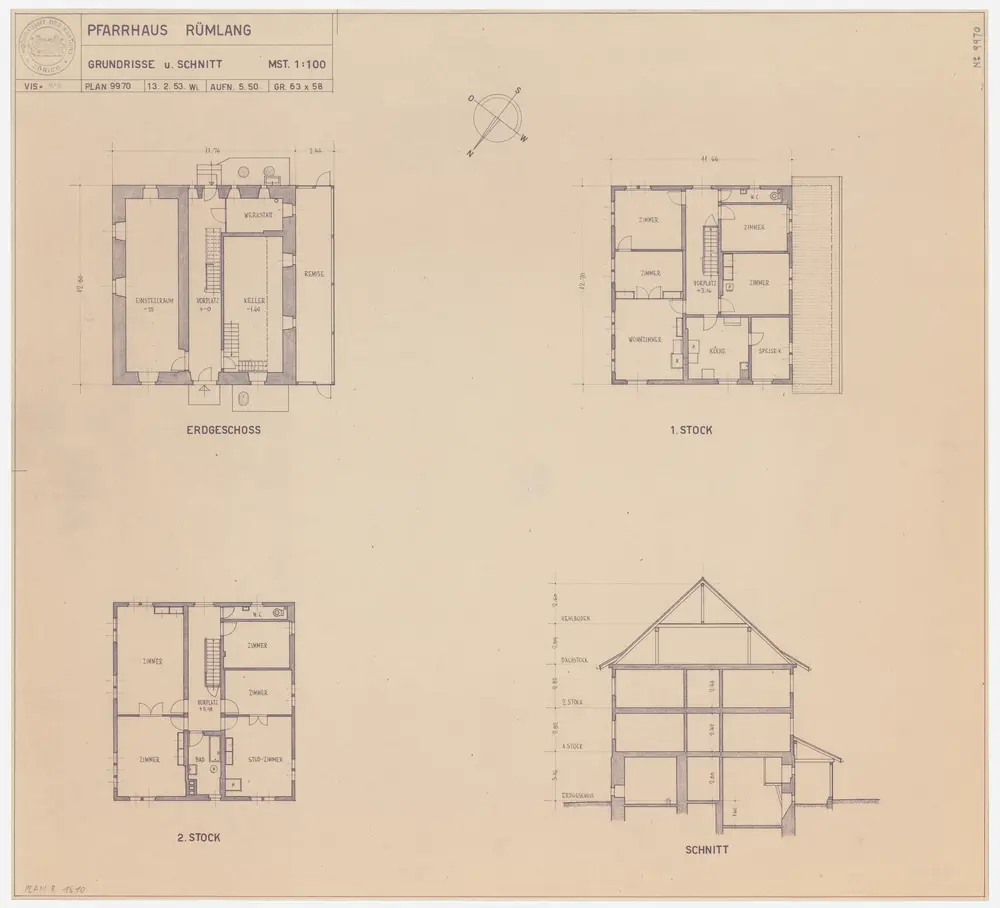 Rümlang: Pfarrhaus; Grundrisse des Erdgeschosses, des 1. und 2. Stocks und Querschnitt