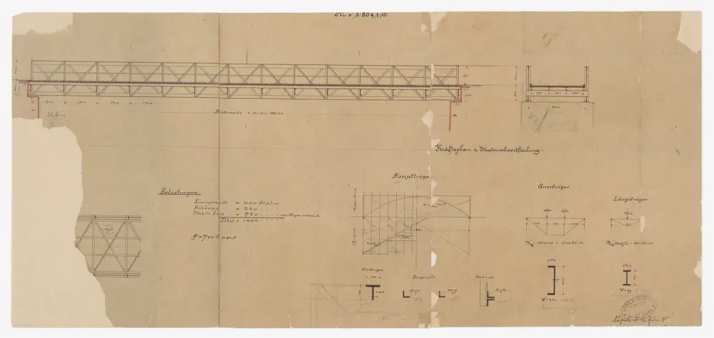 Wald: Eiserner Fachwerksteg über die Töss in der Breitenmatt; Seitenansicht und Schnitte