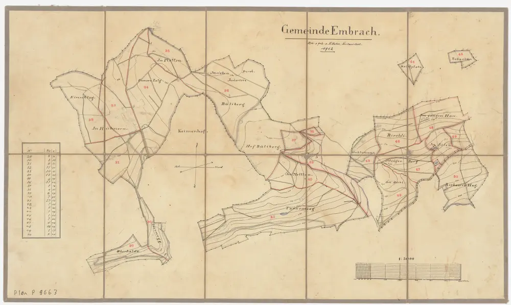 Embrach: Gemeindewaldungen: Oberhalde, Sternegg, Hüeneren (Hühnern), Ischlag (Einschlag), Ennerzelg (Ennere Zelg), Platten, Büliberg, Burg, Mettlen, Tannenweg, Hasel, Bühl, Stuelwisen (Stuhlwiesen), Chimenhof (Keimenhof), Birchli, Hau, Erlen, Illinger Berg, Rorbaserhag, Cholplatz (Kohlplatz), Rebacker; Grundrisse