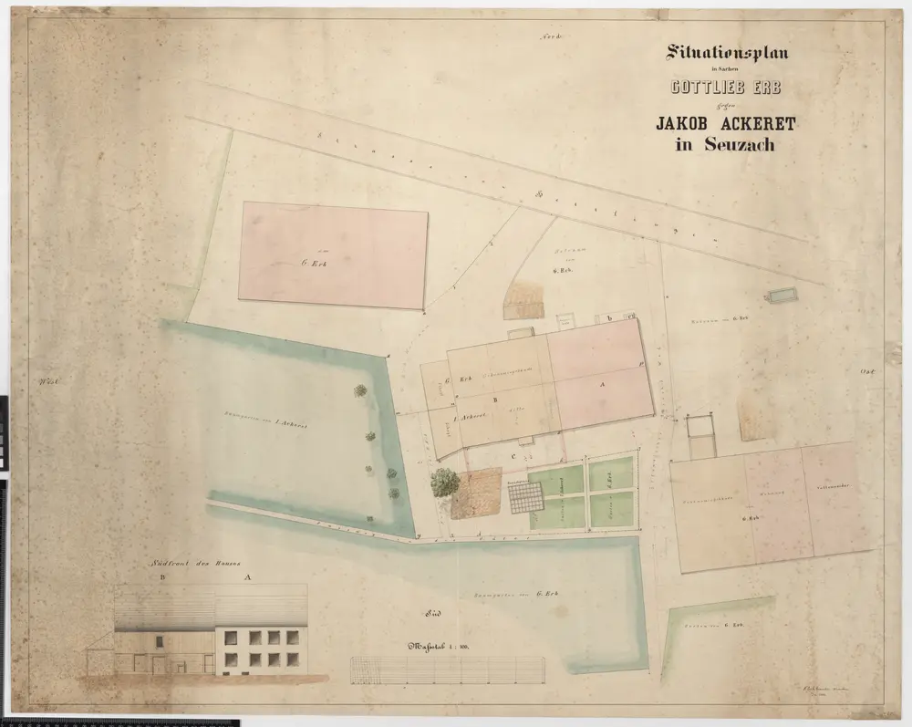 Seuzach: Zwischen Gottlieb Erb und Jakob Ackeret umstrittene Gebäude und Grundstücke; Grundriss und Südfassade des Hauses