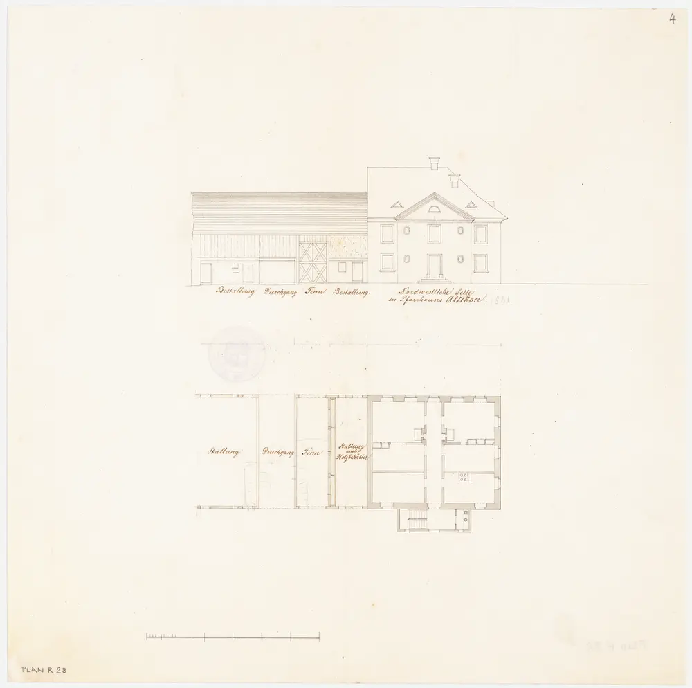 Altikon: Pfarrhaus und Ökonomiegebäude; Ansicht und Grundriss (Nr. 4)