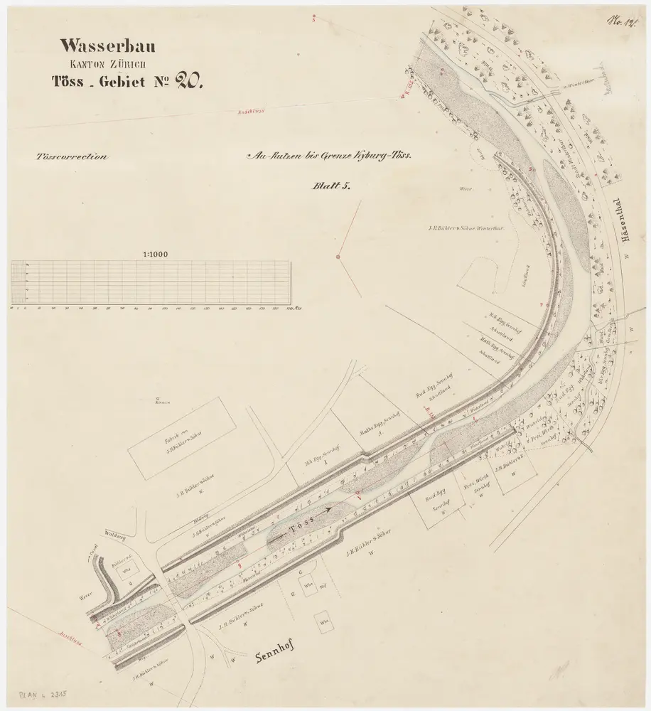 Kyburg, Seen: Von Sennhof bis unterhalb der Einmündung des Beerentalbachs, Tösskorrektion; Situationsplan (Töss-Gebiet Nr. 20, Blatt 5)