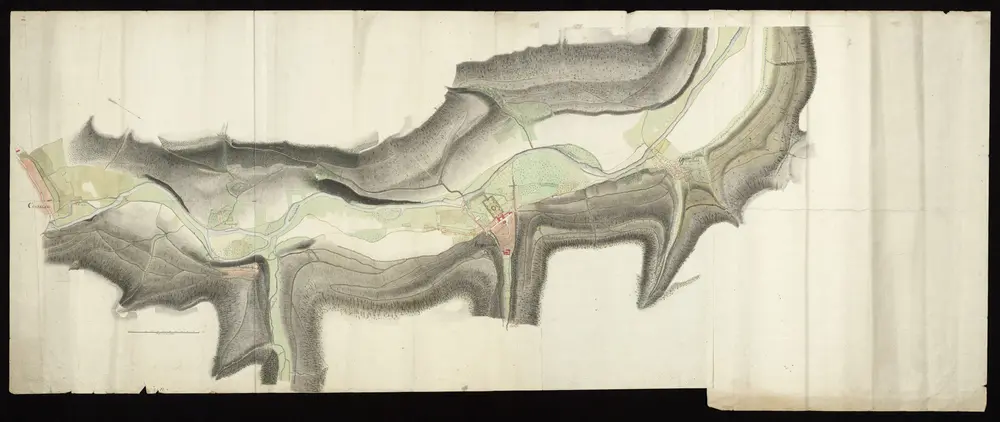 HZAN GA 100_Nr. 164_ : Ingelfingen; [Kochertal zwischen Künzelsau und Griesbach];ohne Verfasser;120 Dezimalruten = 12 cm [20 cm = 1 km];181 x 71 cm;Papier; Federzeichnung mit Schraffen; Siedlungen im Grundriß; Gewässer, Talauen und Fluren in Wasserfarben.