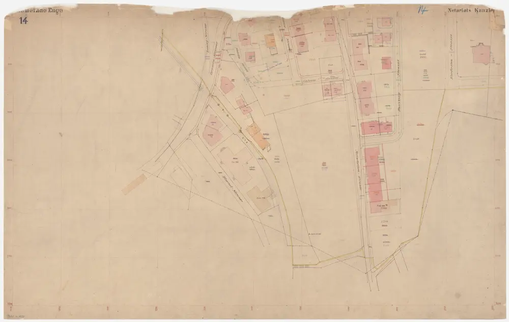 Enge: Gemeinde; Katasterpläne und Kataster-Ergänzungspläne: Ergänzungsblatt XIV: Gegend bei Lessingstrasse, Allmendstrasse, Sihlrainstrasse, Rossbergstrasse, Kurfirstenstrasse und Sihl; Situationsplan