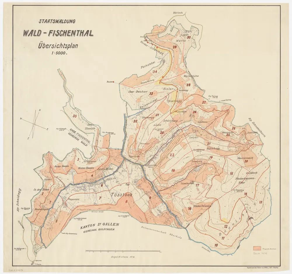 Wald, Fischenthal, Goldingen SG: Waldungen: Wald, Fischenthal: Staatswaldungen Warten, Stralegg (Strahlegg), Schürli, Hübschegg, Dägelsberg, Tösswald, Hüttkopf, Vorderhessen, Hinterhessen, Tössstock; Übersichtsplan