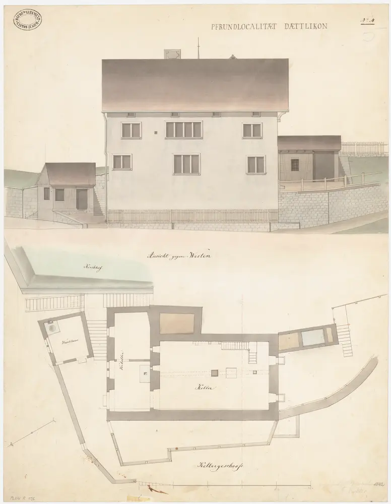 Dättlikon: Pfarrhaus; Westansicht und Grundrisse des Kellers und des Waschhauses (Nr. 4)