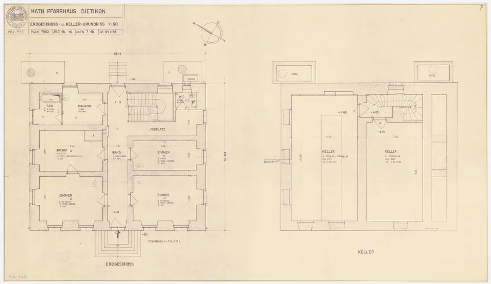 Dietikon: Pfarrhaus, Keller und Erdgeschoss; Grundrisse (Nr. 7)